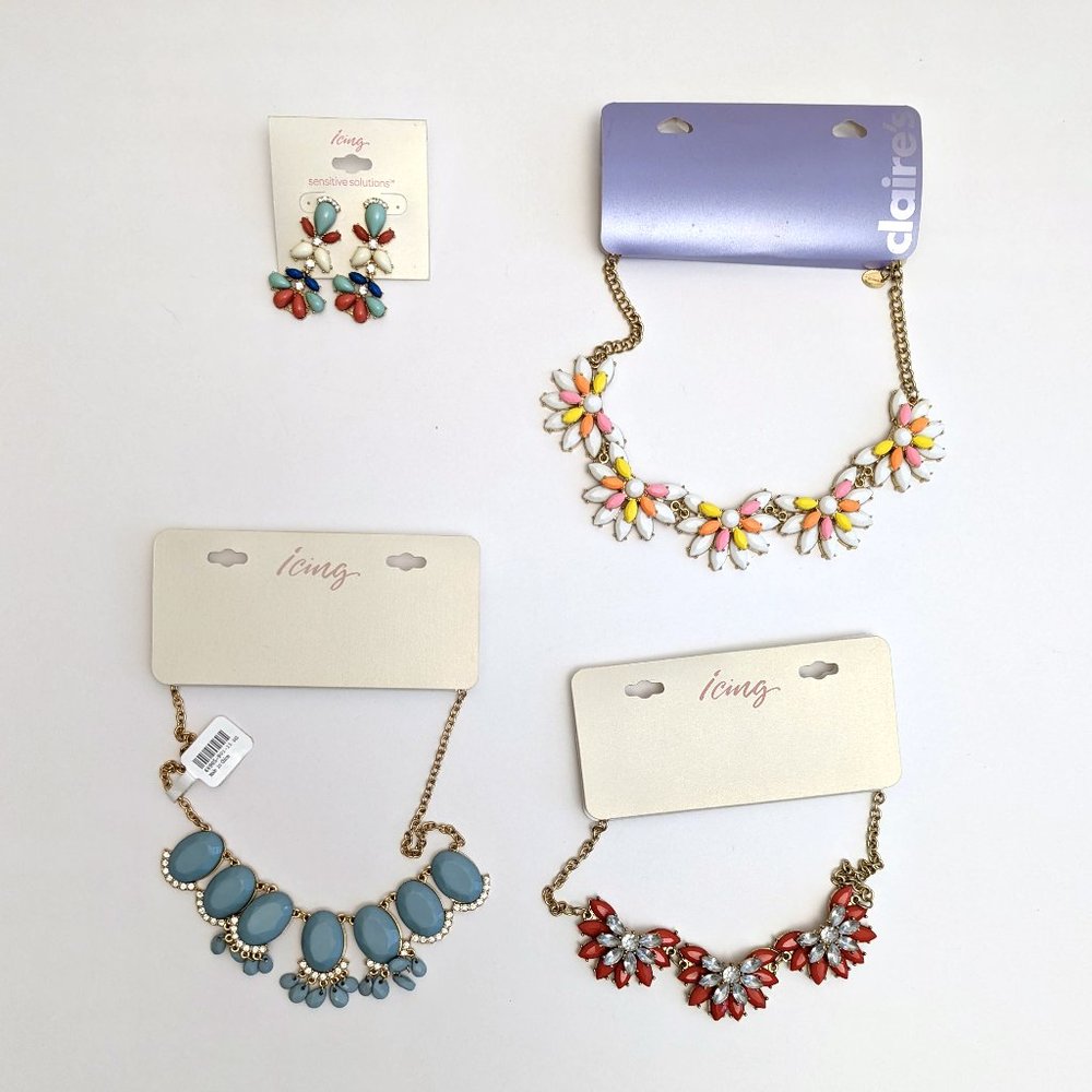 Icing Claire's Chain Pastel Statement Chunky Stone Necklace Earring Lot of 4